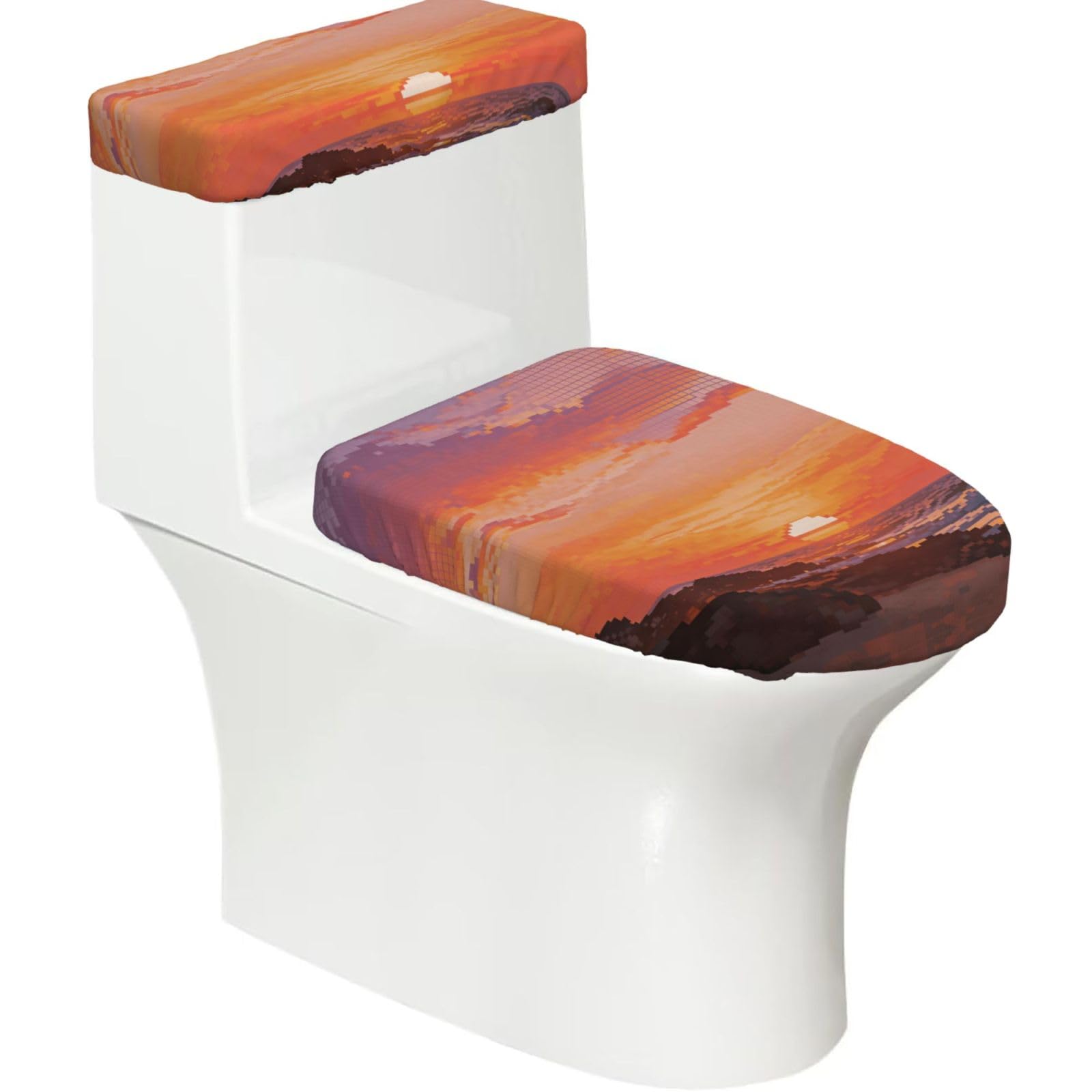 Cntdbu Black Pixel Sunset Art Stretchy Toilet Lid And Tank Cover Set-Soft Elastic Bathroom Decor For U Shape Oval