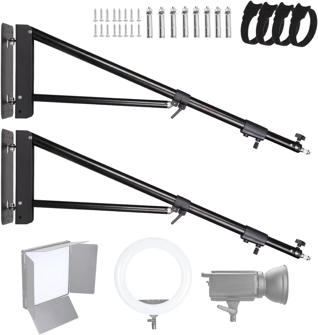 2 Pack Wall Mount Triangle Boom Arm 180cm/70.8in, Ring Light Mount Ceiling Light Stand 180° Flexible Rotation for Studio Video Light, Monolight, Photography, Softbox, Reflector