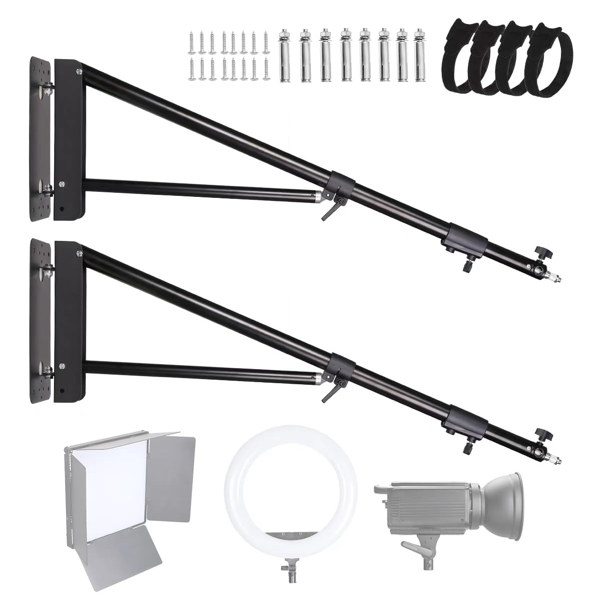 Lot de 2 Supports Muraux pour Lumière Annulaire, Bras de Suspension Triangulaire 180 cm avec Rotation à 180° - pour Studio, Vidéo, Ring Light, Photographie avec Flash, Softbox, Réflecteur