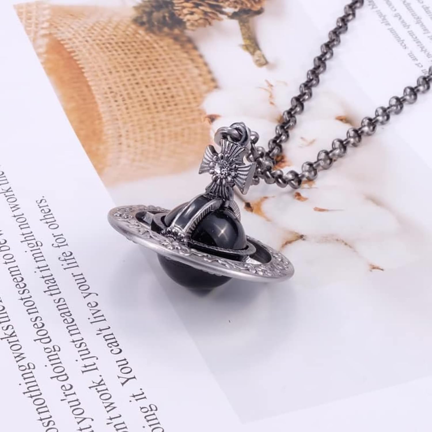 Titanium Steel Saturn Necklace Punk Vintage Carved Cool Obsidian Planet Pendant Jewelry Statement Fashion Accessories