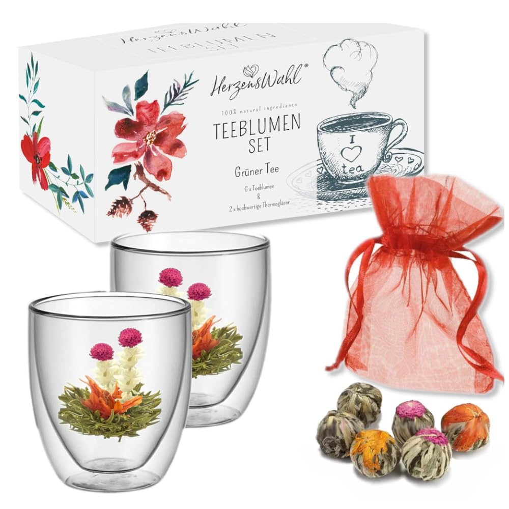HerzensWahl Teeblumen Geschenkset | 6x Teeblumen, 2x Teetassen & Geschenkbox | Erblühtee | Teerosen Probierset | Grüner Tee & Teegläser Set für Teeliebhaber