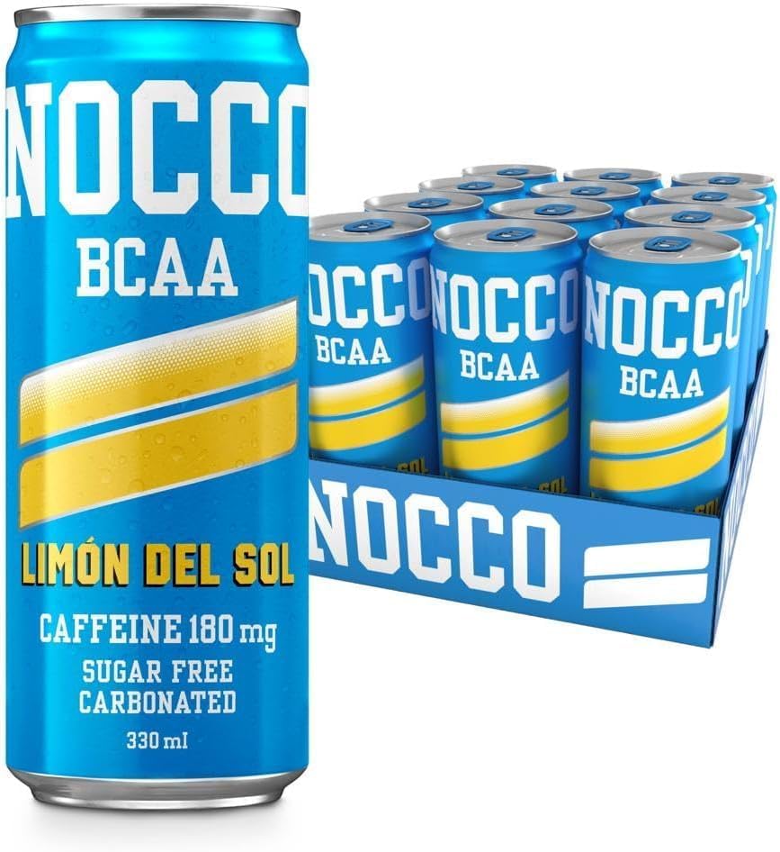 NOCCO Sugar Free Energy Drink โ BCAA, 180mg High Caffeine, with Amino Acids & Vitamins, Ideal for Pre Workout โ 12 x 330ml (Limon Del Sol)