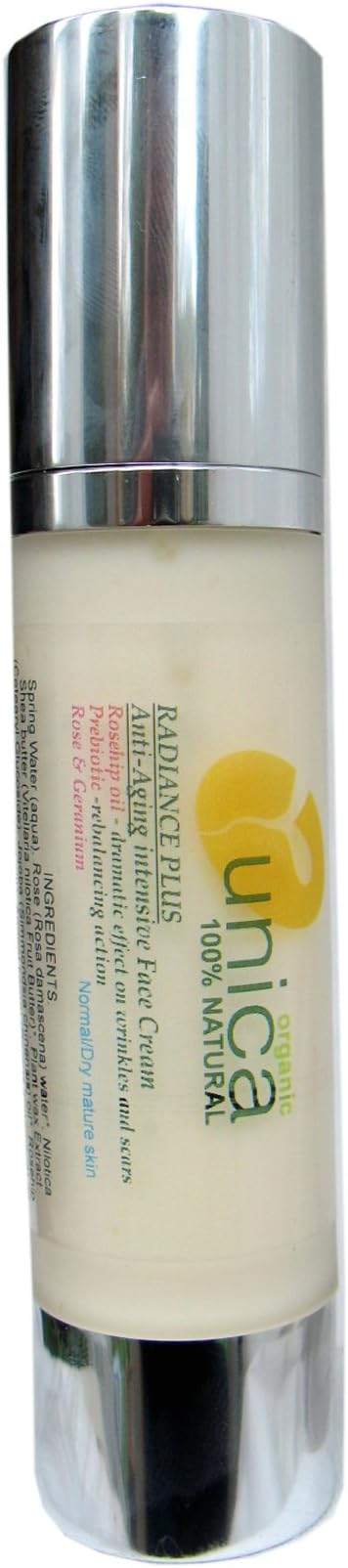 UNICA COSMETICS RADIANCE PLUS Organic & 100% Natural anti-aging face cream with Prebiotics and Rosehip oil - SENSITIVE & ECZEMA PRONE SKIN - Rose & Geranium - 50g