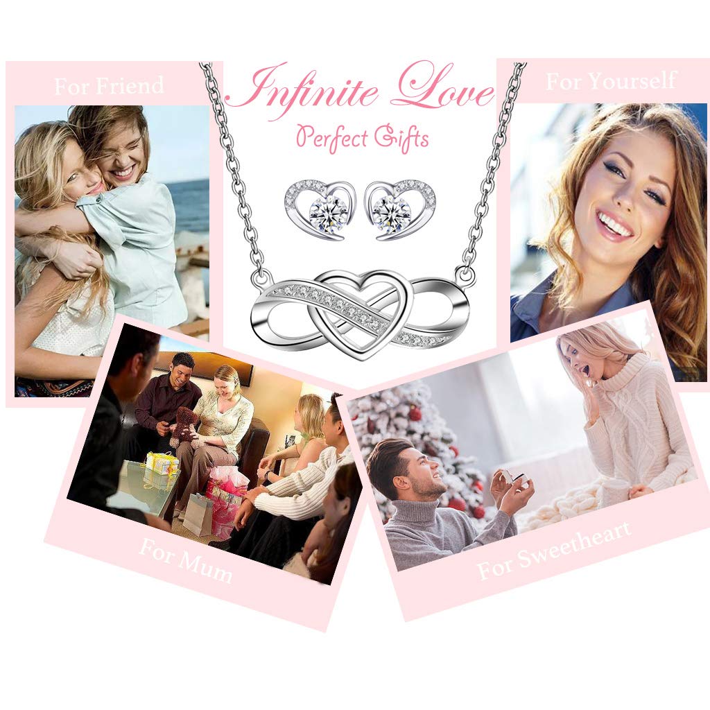 Parure Gioielli per Donna Ragazze, Argento 925, Collana e Orecchini Set Infinito Cuore, Regalo Natale Compleanno Festa Della Mamma