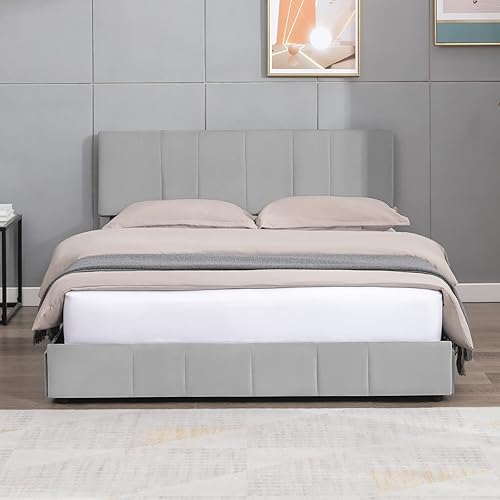 Miniatura 6 de Mjkone Base de cama de plataforma tamaño King con 4 cajones de almacenamiento, marco de cama tapizado moderno de terciopelo con cabecera ajustable,