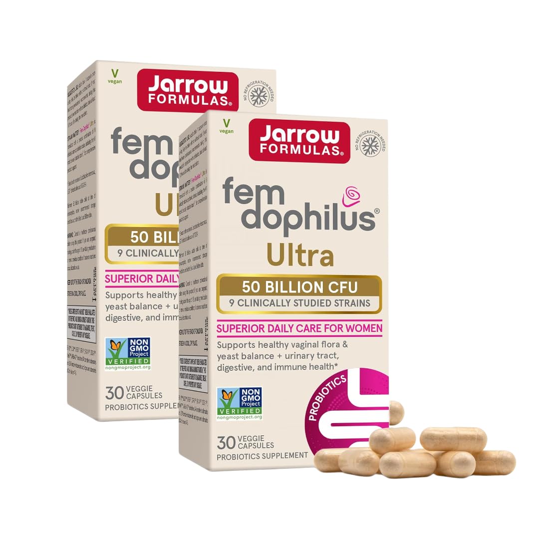 Jarrow Formulas Fem-Dophilus Vaginal & Digestive Probiotic 50 Billion CFU, 9 Clinically-Studied Strains, for Vaginal Flora & Yeast Balance, Urinary Tract, Digestive, 30 Capsules (Pack of 2) 30 Count (Pack of 2)