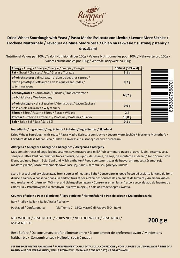 Ruggeri - Levadura de Masa Madre Seca 400g (2 x 200g) - Activa | Ideal para Levadura Corta y Larga | 2 x 200g | Ideal para levaduras cortas y largas