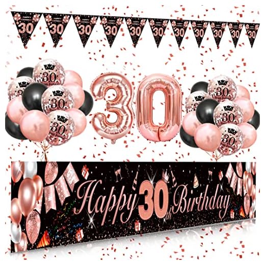SWPEED Decoracion 30 Cumpleaños, Rosa Oro Negro Extra Grande Tela 30 Años Feliz Cumpleaños Pancarta Cartel, Globos 30 Cumpleaños Fiesta, 30 cumpleaños Pancarta Photocall Fondo de Fiesta para Mujer