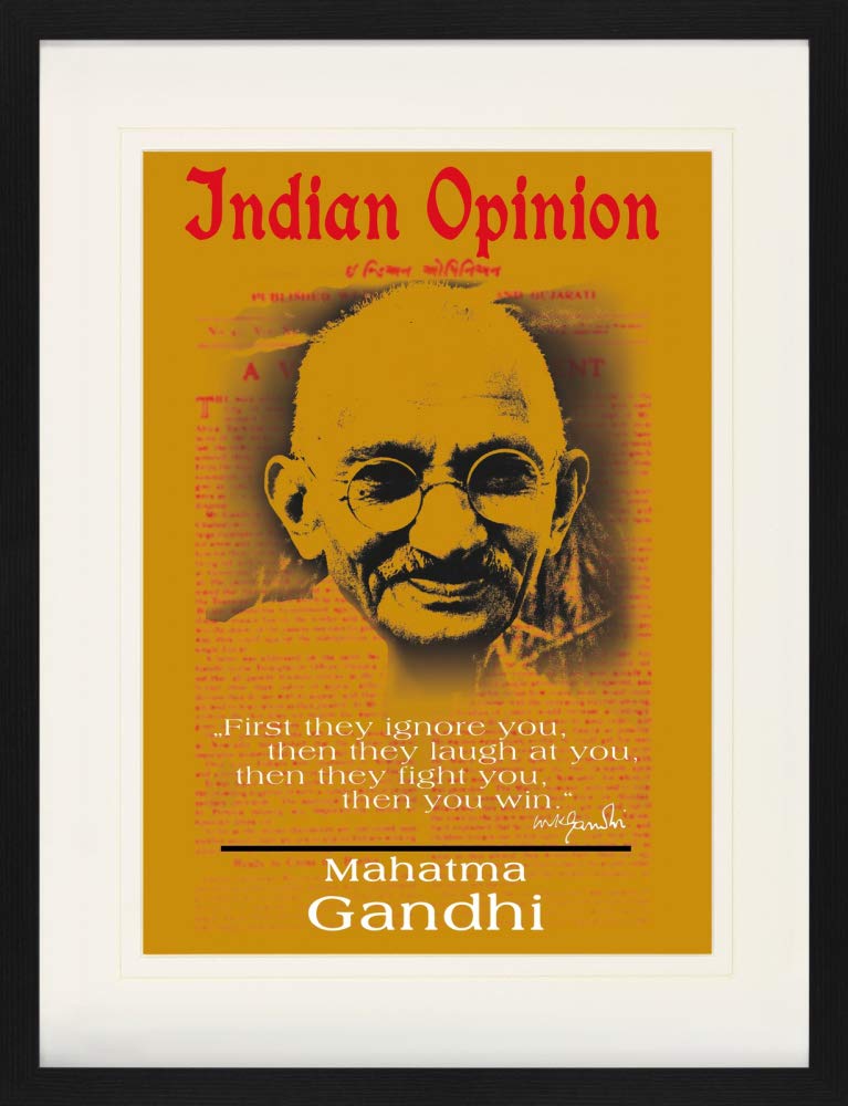 1art1 Mahatma Gandhi plakat Indian Opinion, First They Ignore You, żółty oprawiony obraz z Passepartout | obrazy ścienne | w ramce 80x60 cm