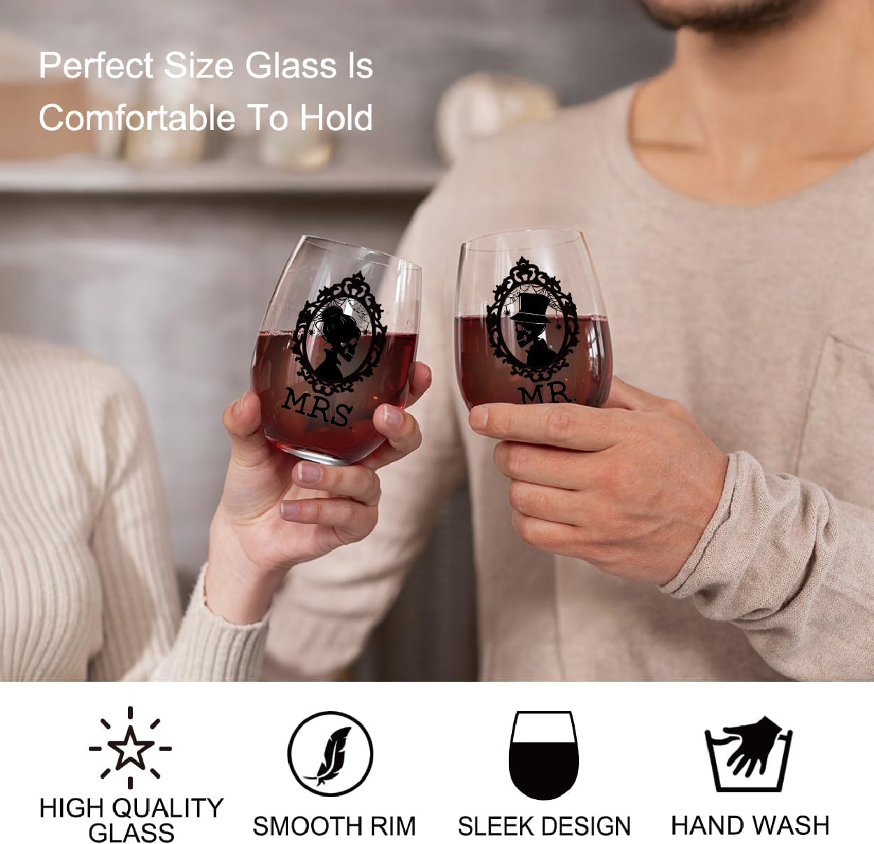 Perfectinsoy Skull Wine Glass 2 Piece with Gift Box, Zombie Design, Valentine's Day Autumn Halloween, Anniversary Wedding Gifts, Couple Gifts for Boyfriend and Girlfriend. (Mrs Mr Set of 2) - Image 5