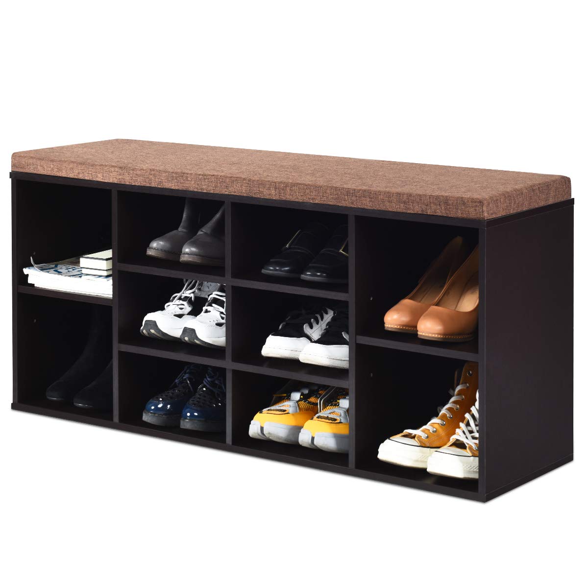 RELAX4LIFE Schuhbank mit Sitzfläche, Schuhregal aus Holz, Schuhkommode mit 2 verstellbaren Regalen, Schuhablage mit Sitzkissen, Schuhtruhe für Flur & Eingang, Sitzbank, 104 x 30 x 48 cm (Braun)