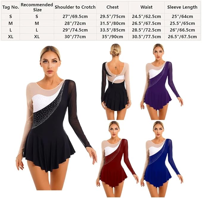 Womens glanzende strass mesh splice jurk kunstschaatsen gymnastiek turnpakje lyrische danskleding kopen vanaf een prijs van 24