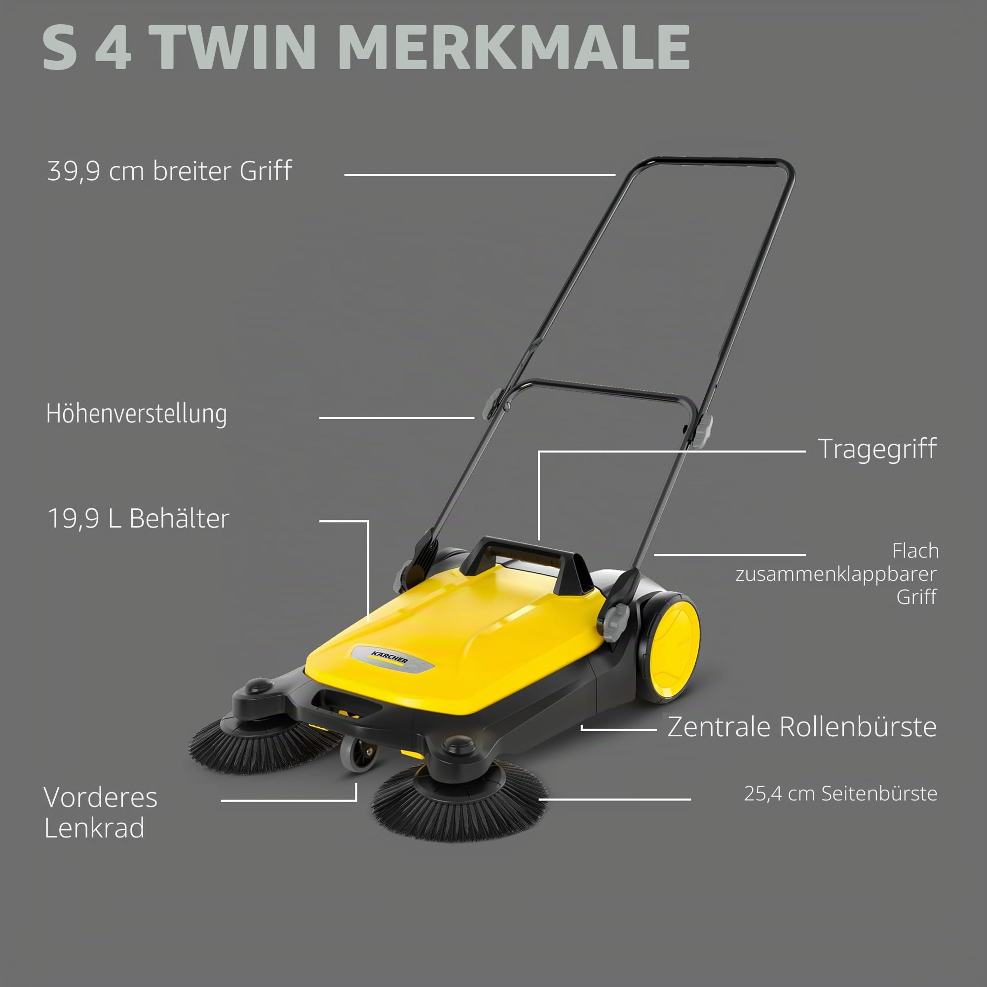 Kärcher S 4 Twin Walk-Behind Outdoor Hand Push Bodenkehrer – 5,25 Gallonen Kapazität, 68,1 cm Kehrbreite, fegt 26.000 Quadratmeter/Stunde