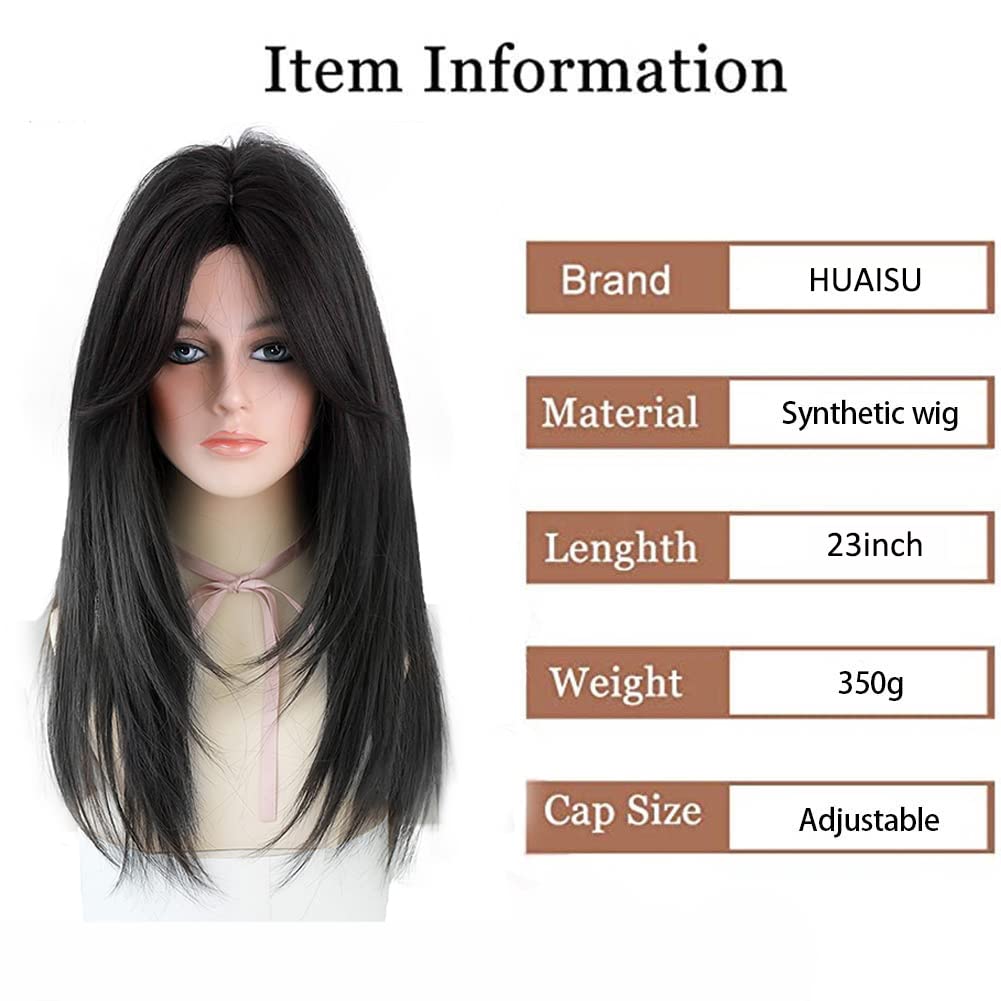 Long Black Wig With Bangs Natural Hair Wig for Women Cosplay Wig (Black tea, 23inch)