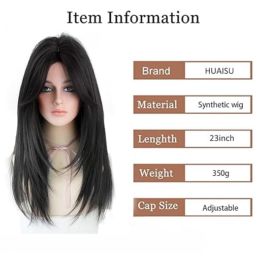 Miniatura 9 de HUAISU Peluca larga negra con flequillo, peluca de cabello natural para mujer, peluca de cosplay (negro, 25 pulgadas)