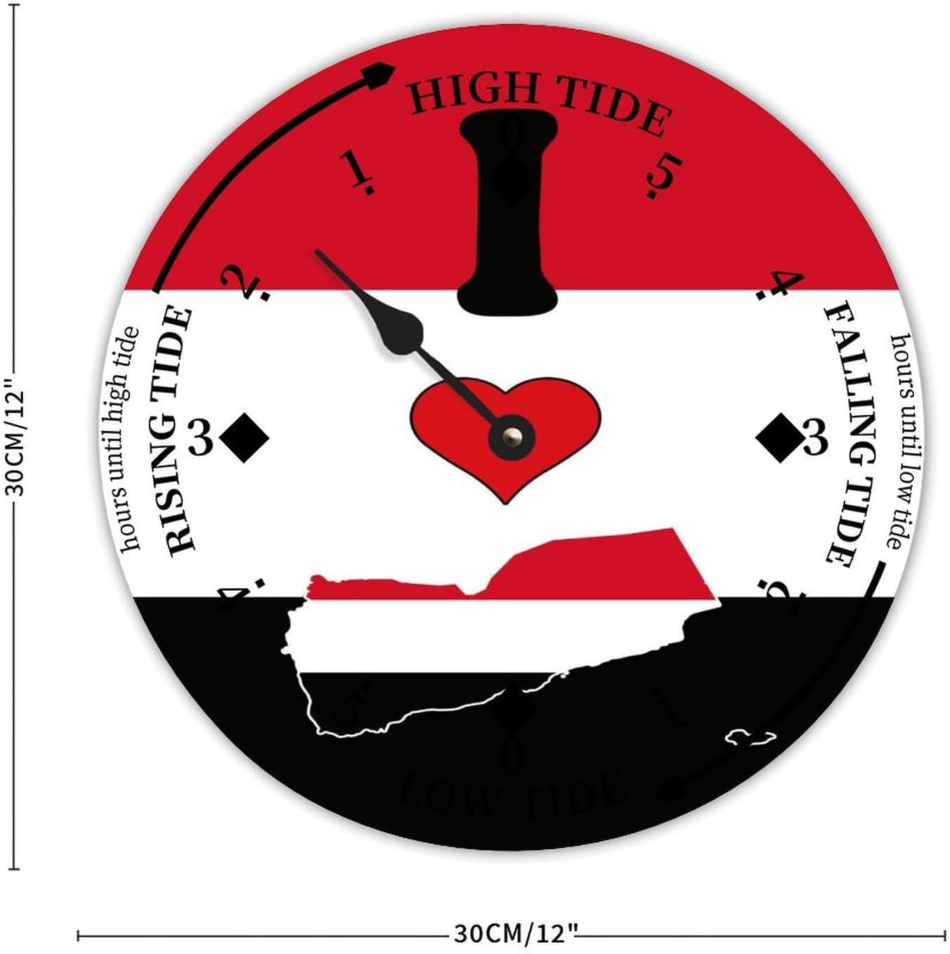 National Vintage Beach Time Tide Clock - Yemen Flag Tidal Clock Moon Clock Silent Non-Ticking Battery Operated Wooden Wall Clock for Cottage Beach Boat Living Room Bedroom Home Decor 12 Inch