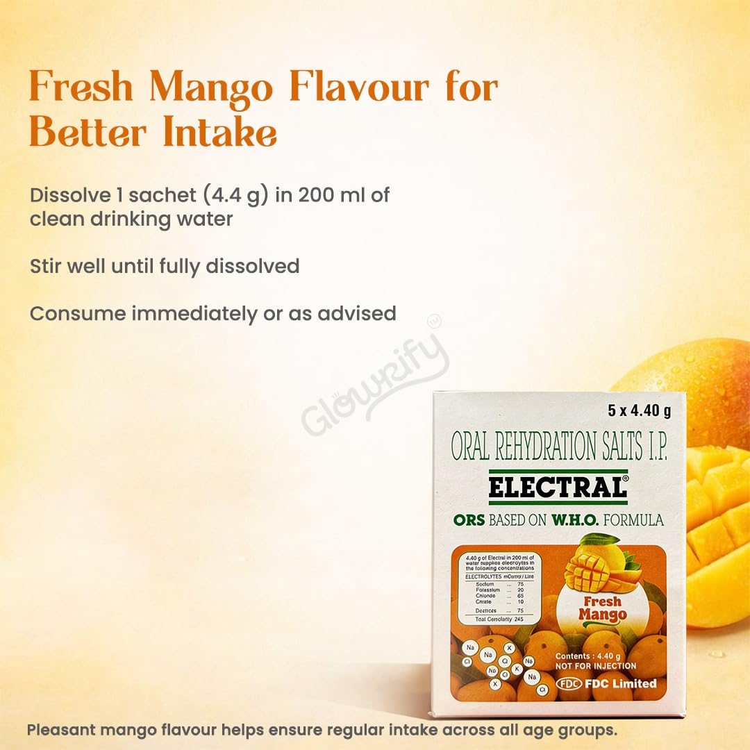 ELECTRAL Oral Rehydration Salts I.P., WHO Formula, 50 Sachets, 4.4g Each (Fresh Mango) 1