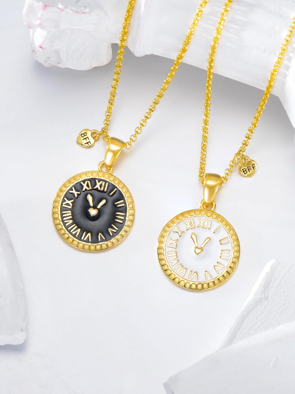 BFF Friendship Necklaces for 2 Women- Sterling Silver Gold Clock Necklace 2 Piece Black & White Matching Necklaces for Best Friends Birthday Gifts for Friend Sister Couples