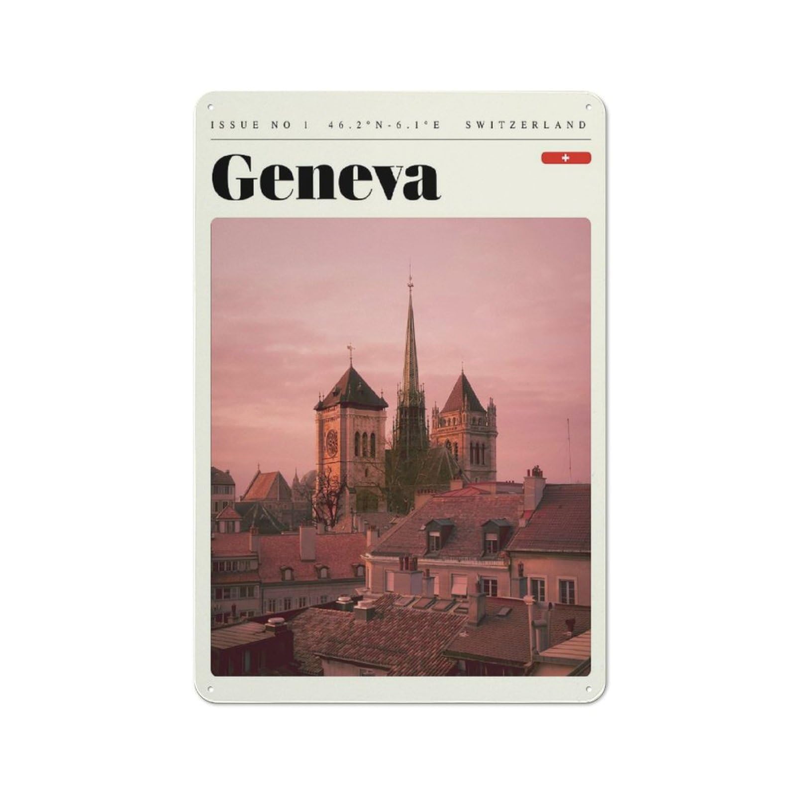 Junmoney Style-12 Tin Wall Plaque 30X20cm With Geneva Switzerland Travel Art For Hallway Wall, Suited To Hallway Decor Lovers, For Retro Home Interiors