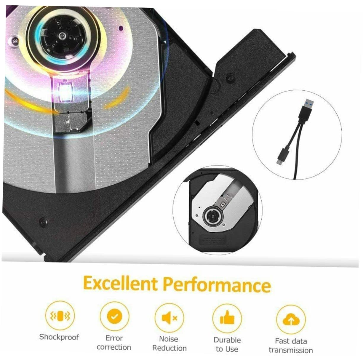 jojofuny Masterizzatore Dvd Esterno Typec Nero USB 3.0 Unità Ottica Abs per Desktop e Laptop senza Necessità di Driver Multi Funzione