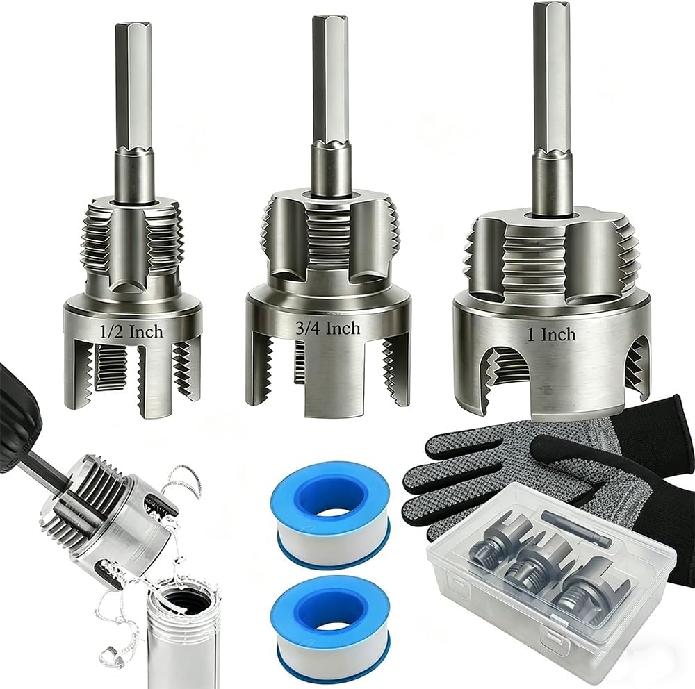 4 in 1 PVC Pipe Threading Tool, 1/2" 3/4" 1" NPT Thread Cutting Die Set, Carbon Steel Pipe Threading Wrench, Water Pipe Threading Kit for Plumbing Installation, Repair & DIY Projects