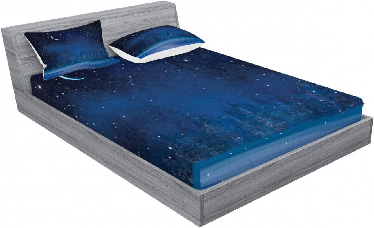 Ambesonne Moon Fitted Sheet & Pillow Sham Set, Winter Season Wonderland Starry Sky Night Forest Landscape Scenery Print, Decorative Printed 6 Piece Bedding Decor Set, Queen, Blue