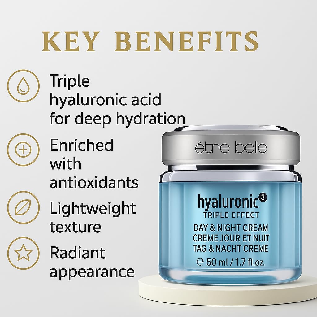 être belle hyaluronic³ Day & Night Cream 50 ml – 24h Gesichtspflege mit Hyaluronsäure, Jojobaöl & Squalan – Feuchtigkeitsspendende Tages- und Nachtcreme für jeden Hauttyp