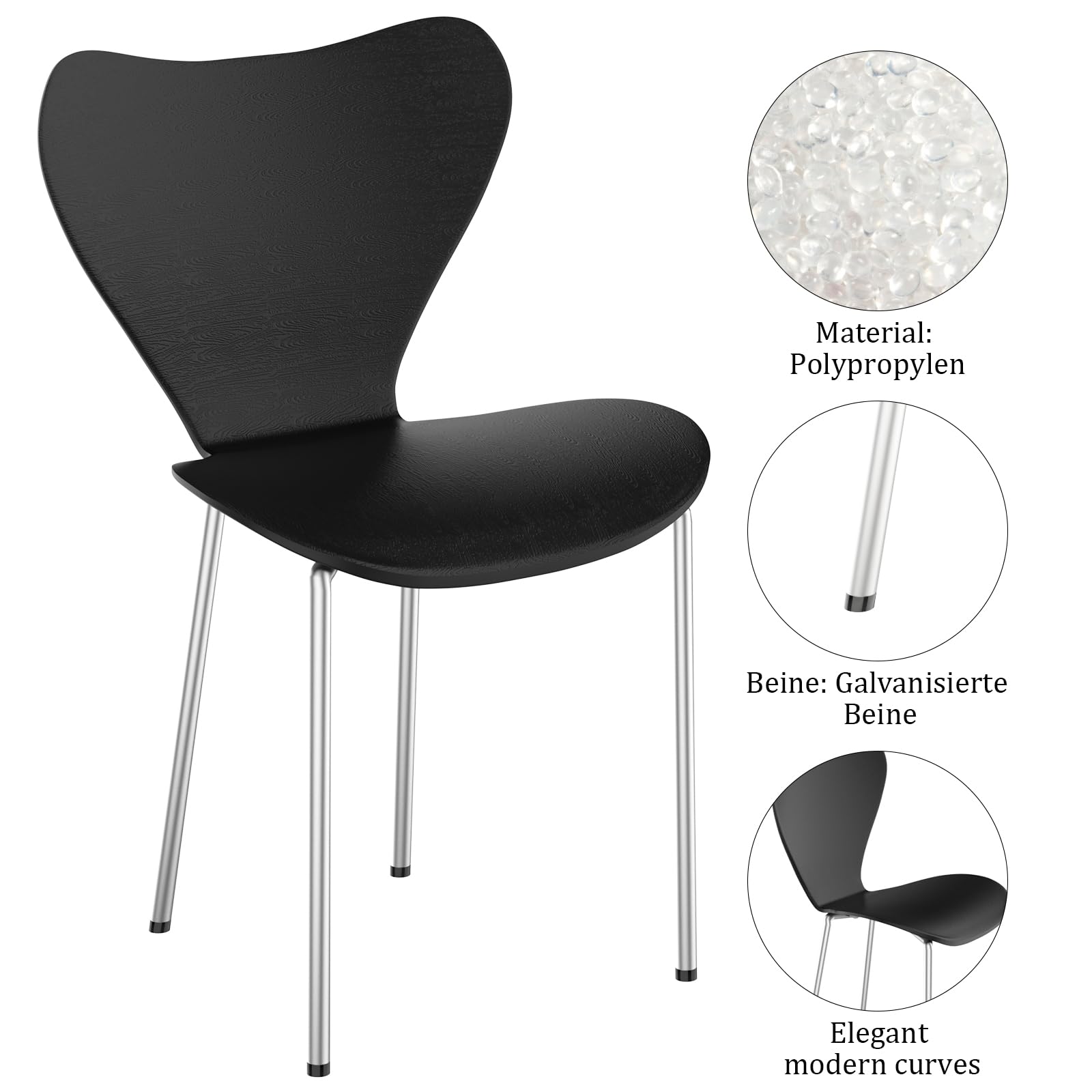 Set di 2 sedie da pranzo impilabili in polipropilene nero, 45,5 x 40 x 82,5 cm, design moderno, leggere e perfette per sala da pranzo e uso domestico