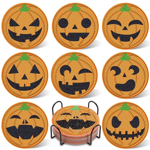UPINS 8Pcs Diamond Art Painting Art Coasters Pumpkins for Drinks DIY Life Coaster Diamond Art Kits for Adults Kids Beginners Diamond Art Craft Supplies (Scary Pumpkin)