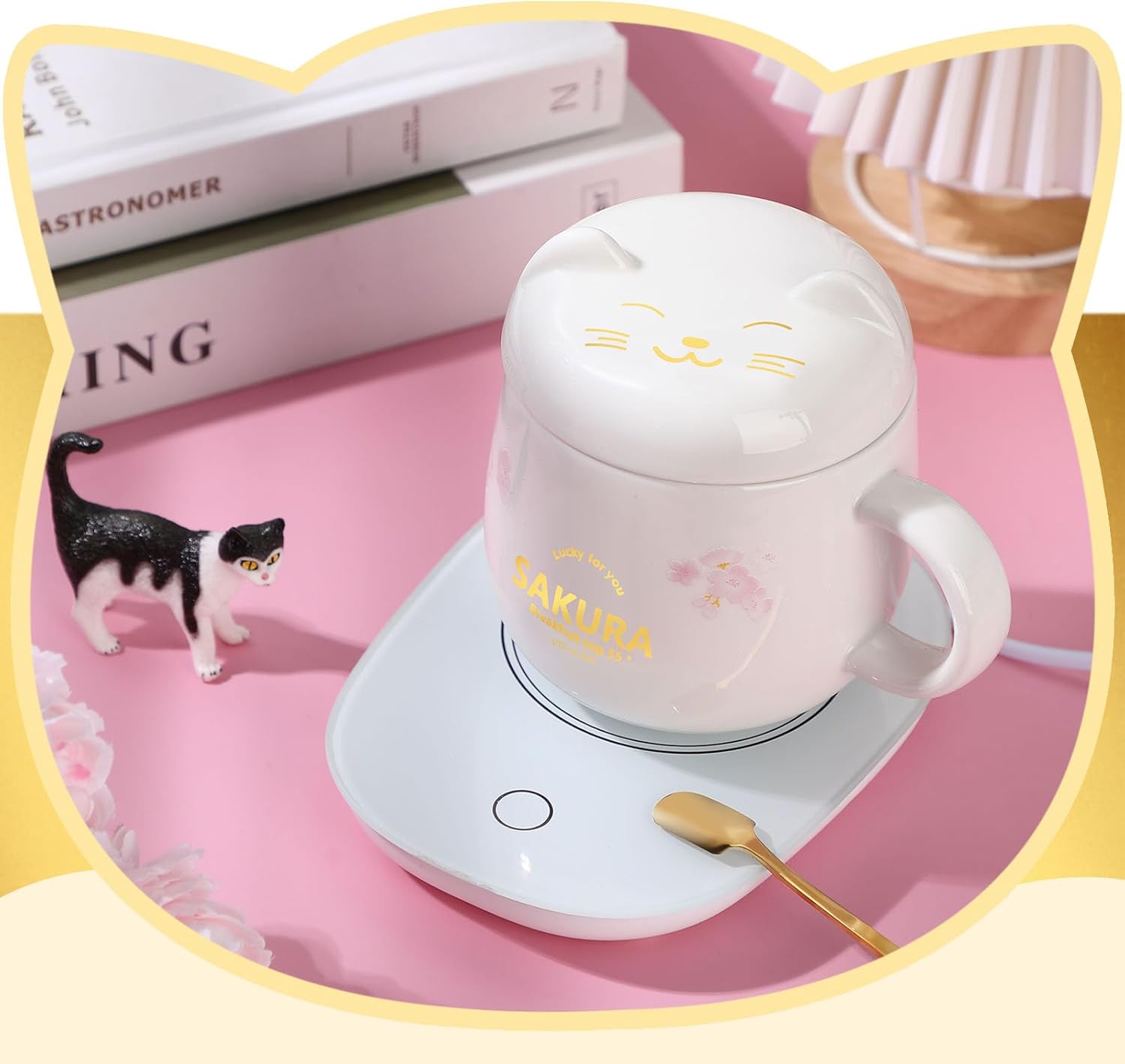 Honeydak Coffee Mug Warmer Cute Cat Mug Set Cup Warmer for Women Heated Coffee Warmers for Mom Home Office Desk Valentine's Day Anniversary Birthday Gifts(Sakura,White) - Image 6