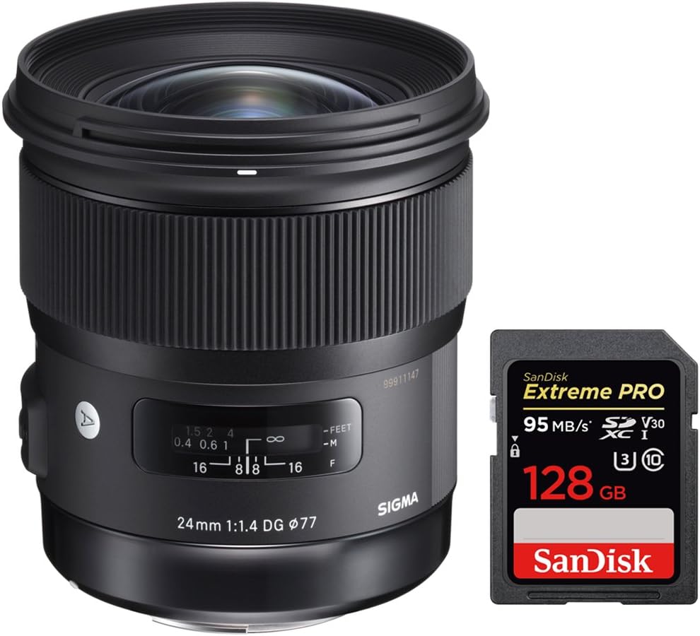 Sigma 24mm f/1.4 DG HSM Wide Angle Lens (Art) for Canon DSLR Camera SLR Mount (401-101) with Sandisk Extreme PRO SDXC 128GB UHS-1 Memory Card