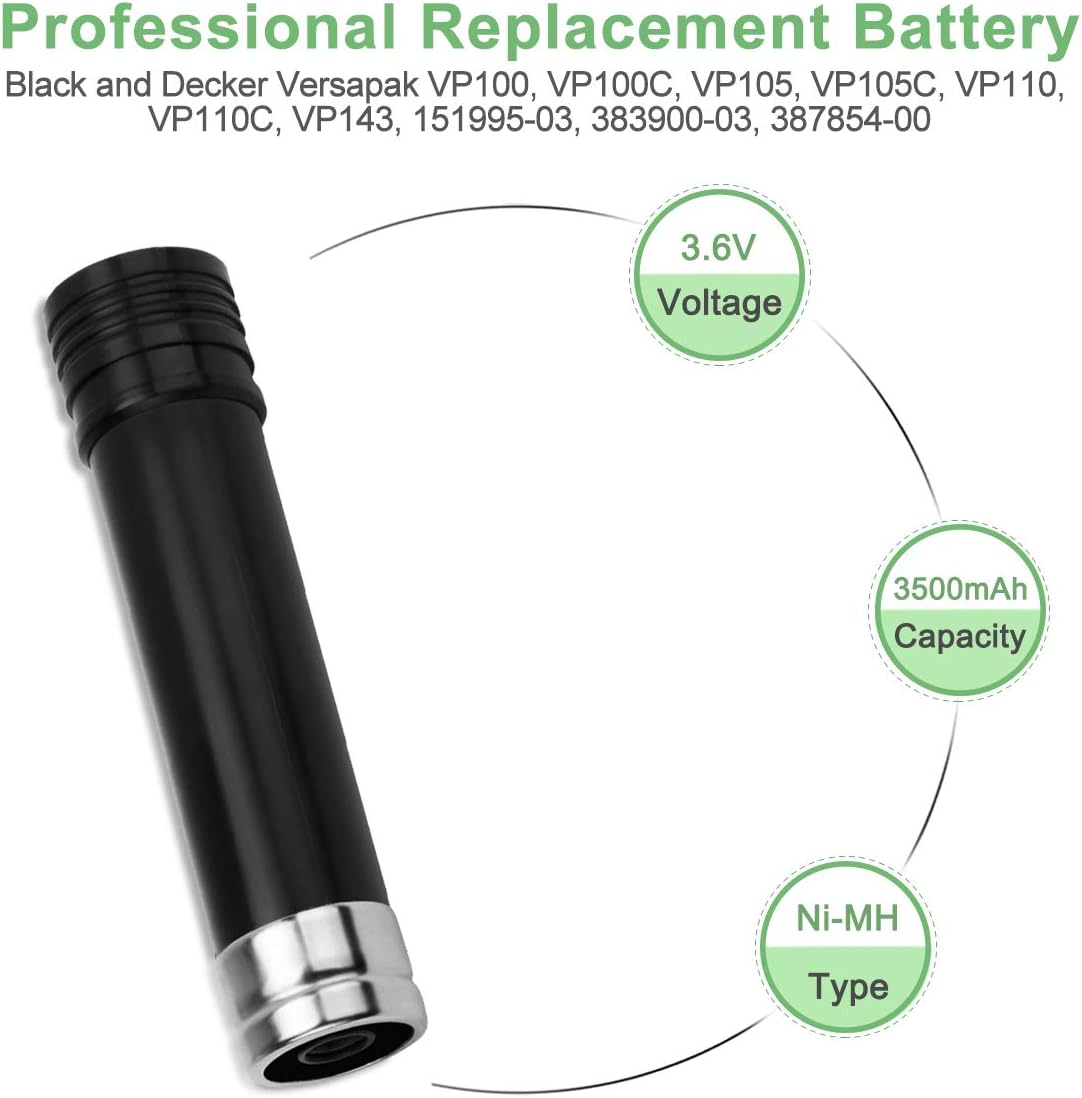 2 Pack 3.6V 3500mAh Replacement for Black and Decker Versapak Battery VP100 VP100C VP105 VP105C VP110 VP110C VP130 VP142 VP143 VP7240 Black and Decker Power Tools(Ni-MH Battery)