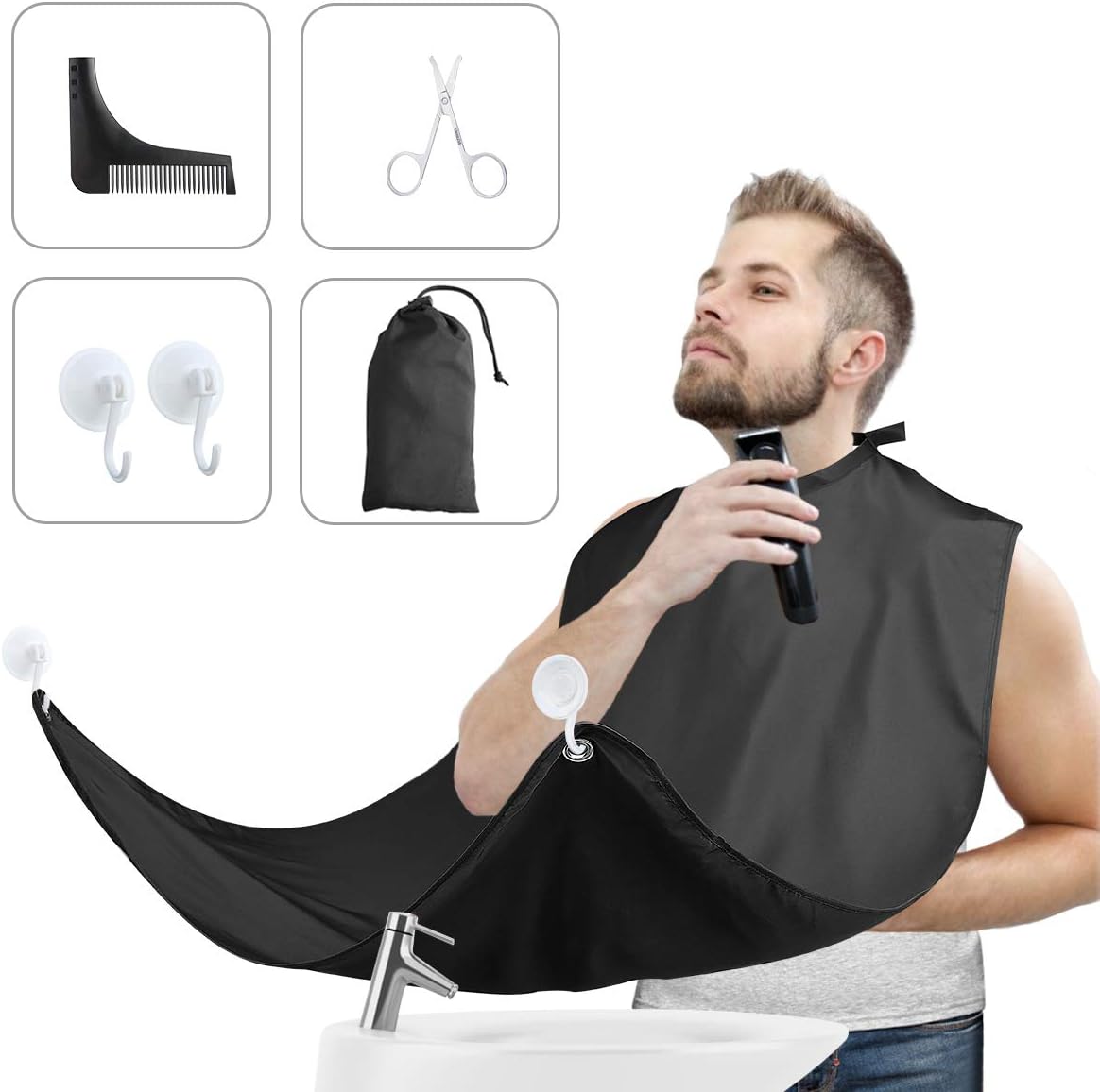 Beard Apron Cape, 6 piece set Grooming Cape with Professional Shaving Comb Clippings Catcher and a Beard Scissors, Adjustable Neckline Waterproof Beard Cape,Grooming Cape with 2 Suction Cups