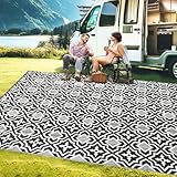 Outdoor Rug 9x18 Waterproof Large Outdoor Rug Camping Rug Reversible Rv Mats Black Gray Outdoor Plastic Straw Rug Tightly Woven Rugs Clean Easily Large Patio Mat for RV, Deck, Camping Rv Essentials