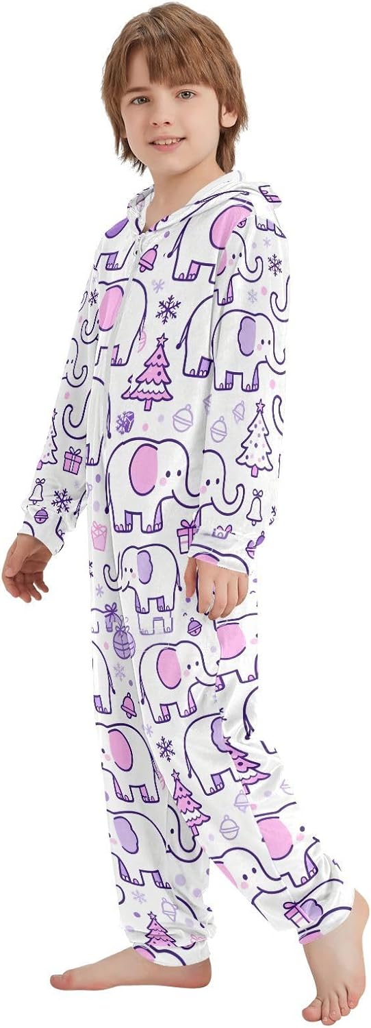 Cute White Elephant Purple and Pink Winter Kids Sleepwear Holiday Pajamas Soft Cozy Hooded Boys Blanket Sleeper Pjs