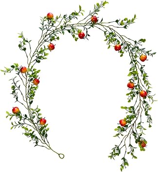 6.25ft Artificial Fruit Foam Pomegranate Hanging Vines, Fake Pomegranate Leaves Rattan, Plant Garland Silk Leaves Faux Berries Flower Rosehips Wreath for Home Garden Wedding Party DecorRed apple
