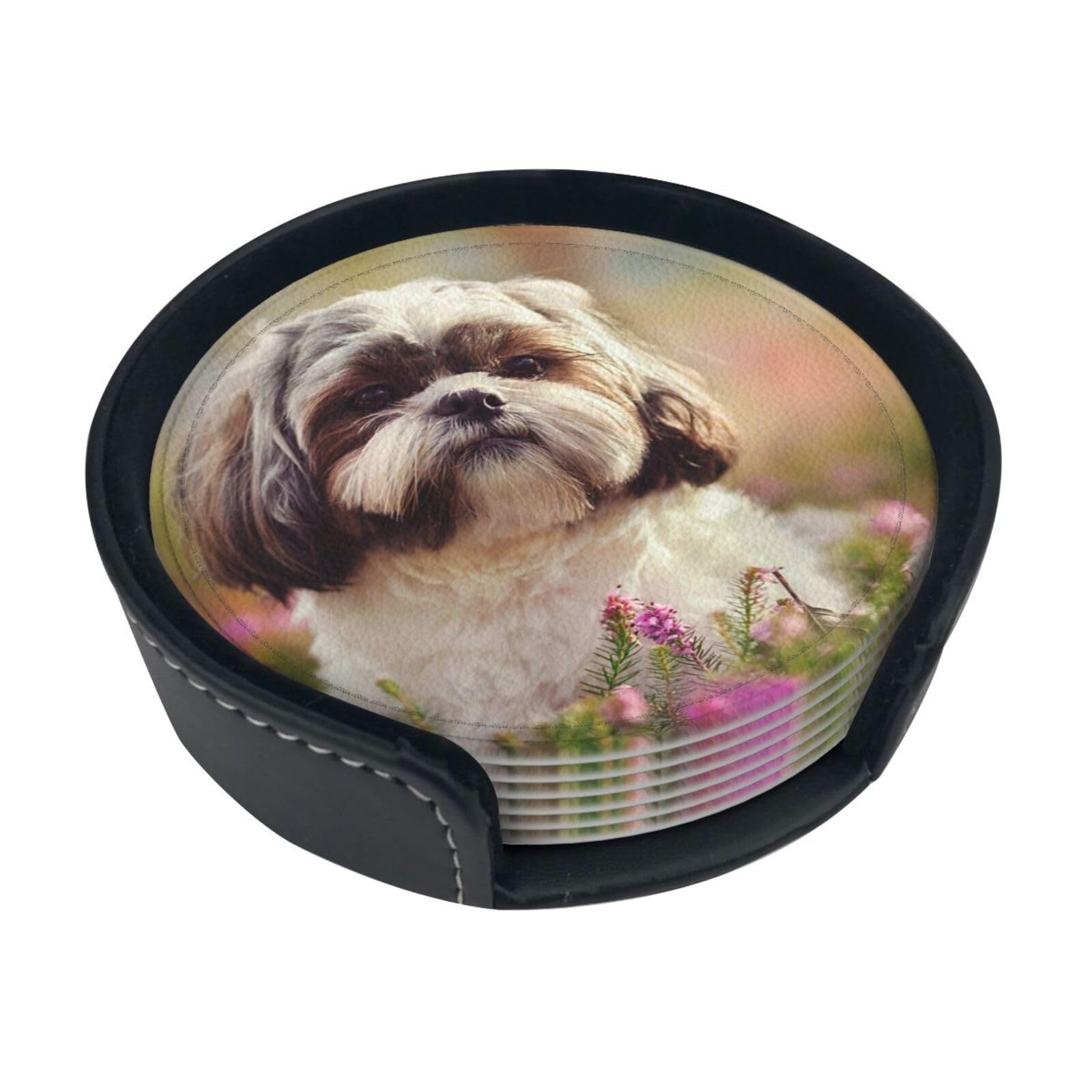 Poadnly As Picture Shih Tzu Dog,Set Of 6 Round Coasters, Pu Leather Drinks Coasters With Holder For Home Office Kitchen