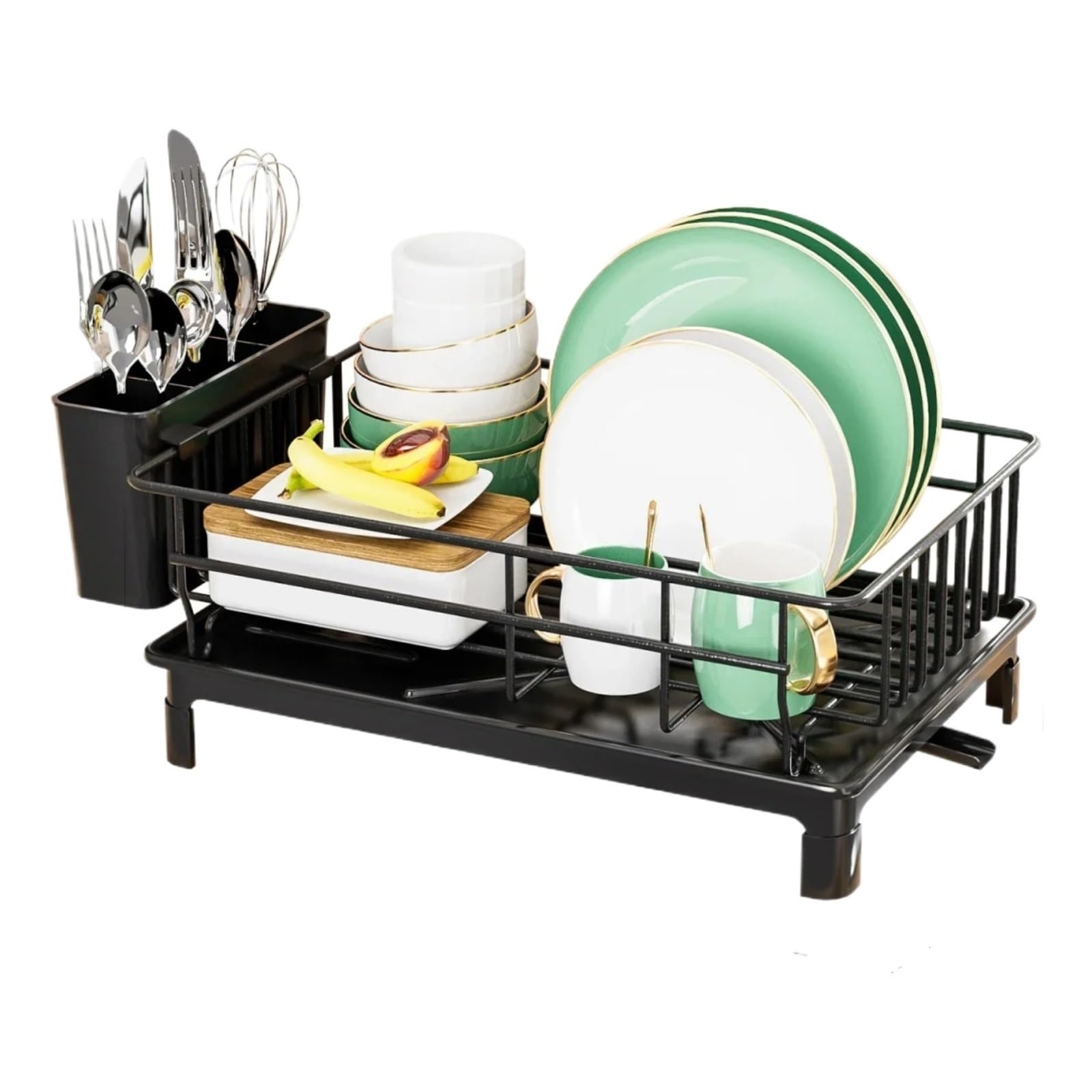 GENTERUN Dish Drainers Dish Drying Rack With Drain Tray Utensil And Cup Holder For Kitchen Counter(Black)