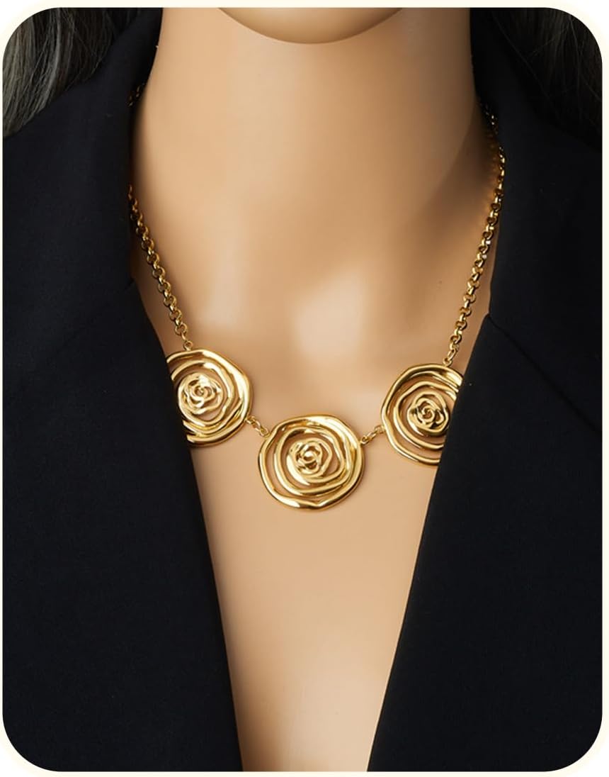 Gold Statement Necklace for Women – Chunky Spiral Rose Floral Collar with Adjustable Chain, Layered Inspired Hypoallergenic Pendant for Party & Wedding