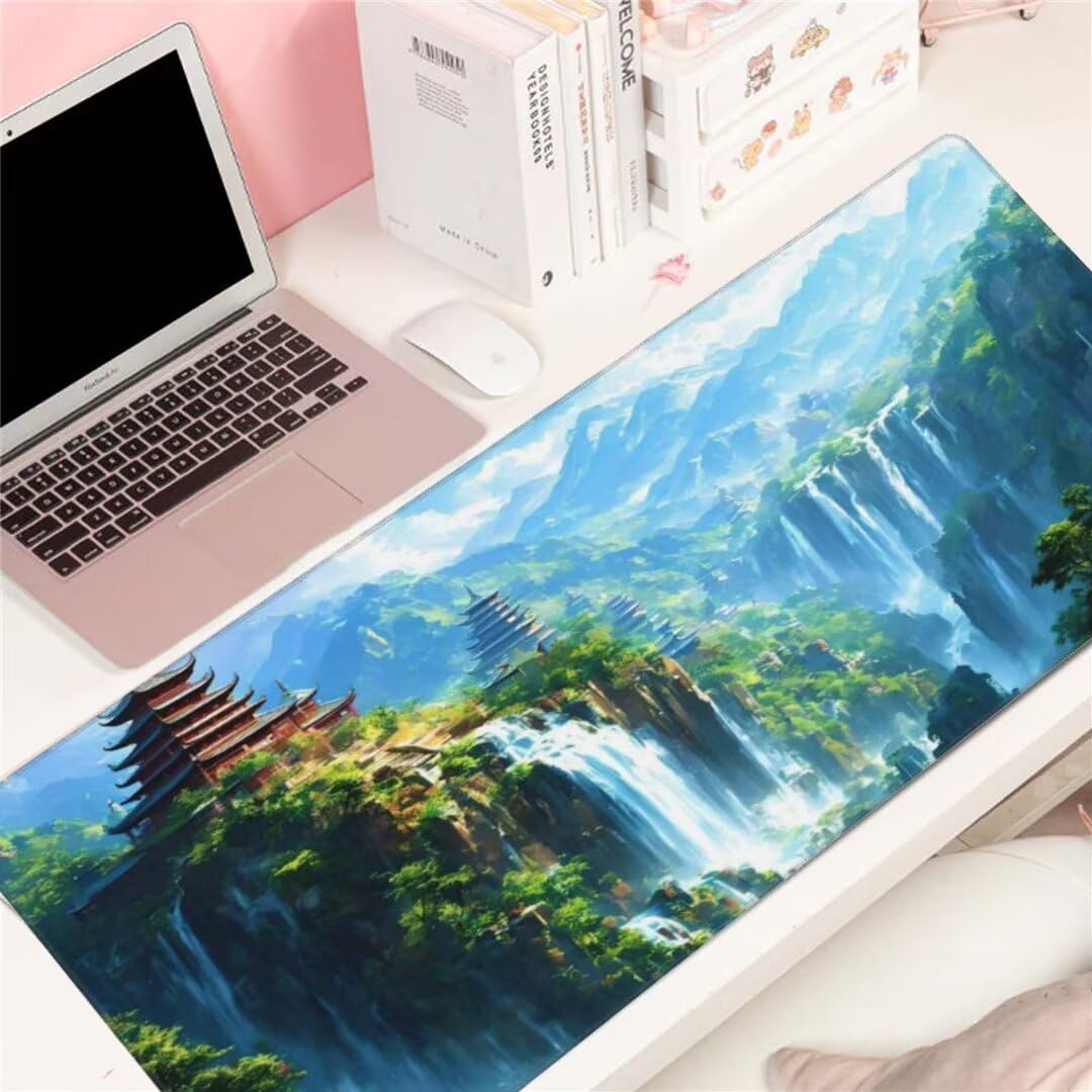 Alfombrilla de ratón 1400x600x3 MM, Alfombrilla Ratón XXL Extendida de Gran Tamaño con Bordes Cosidos, Base de Goma Antideslizante Almohadilla para Teclado, Cascada de montaña S-10829