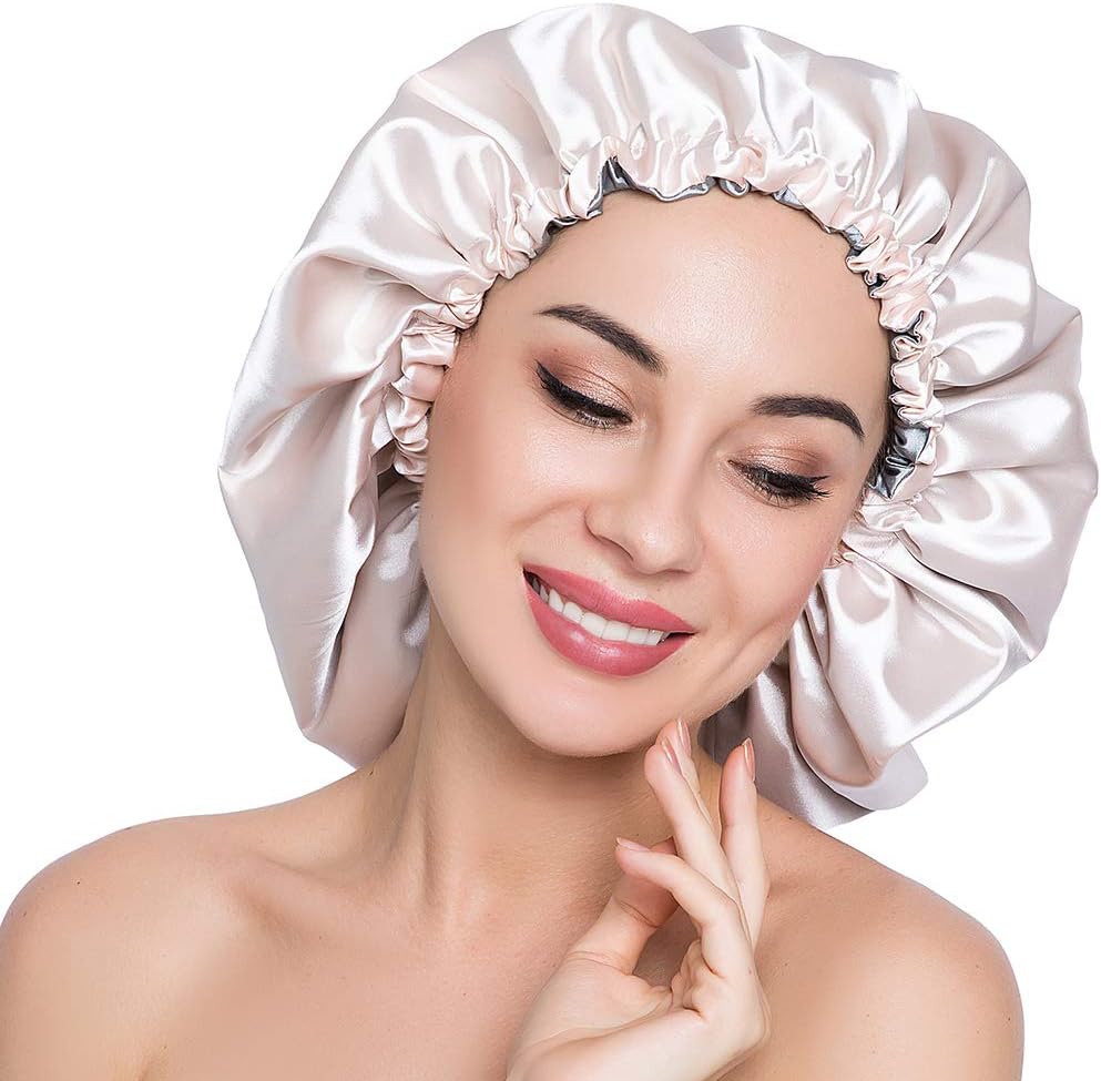 ELIHAIR(X-Large, Champagne/Grey) - Stain Bonnet Silk Sleep Cap Adjustable Satin Cap for Night Sleeping Hair Bonnet Reversible Double Layer X-Large Size Champagne/Grey