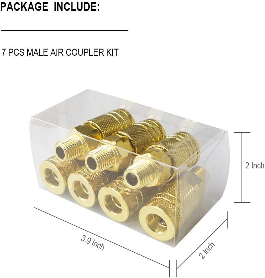 7 Pieces Male Air Coupler Set, 1/4 Inch NPT Thread and Body Size Quick Connect Air Tool, Industrial Grade M-Style Coupler with Brass Finish for Quickly and Safely Disconnect Air Hose