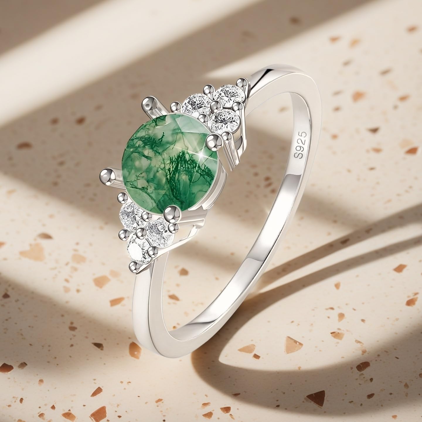 S925 Sterling Silver Natural Moss Agate Ring Engagement Ring Wedding Promise Ring Jewelry for Women