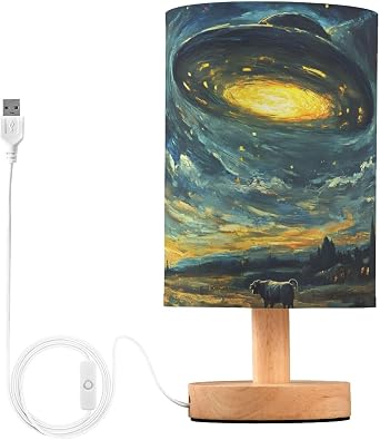 UFO Painting Beside Table Lamp with USB Port, LED Warm Light Night Stand Lamp for Bedroom Living Room Decor