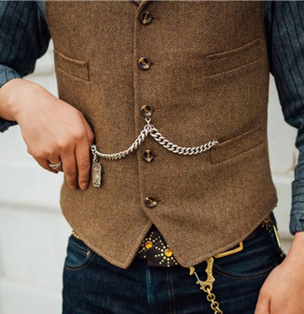 Vintage Men Vest Slim Fit Tweed Wool Herringbone Business Waistcoat for Wedding Groomsmen