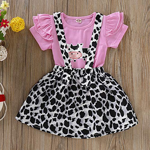 Toddler Baby Girl Ruffled Fly Sleeve Cow Top Shirts + Leopard Suspender Skirts Overall Dress Clothes (6-12 Months, Cow) #TOP2