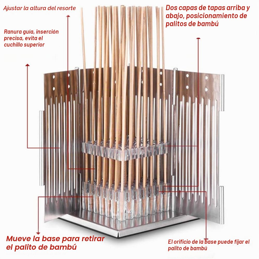 Máquina de pincho de carne de acero inoxidable de 49 agujeros, caja para hacer brochetas, herramienta para barbacoa, con 100 palos de bambú, altura ajustable, máquina de parrilla de carne de cordero