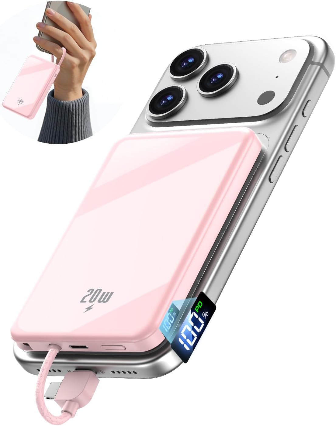 golioklsy Portable Charger Power Bank, 10000mAh Phone Charger with Built-in Cable, 20W PD Fast Charging, Slim Battery Pack with LED Display, Travel Essential for iPhone 17/16/15/14 All Series, Pink