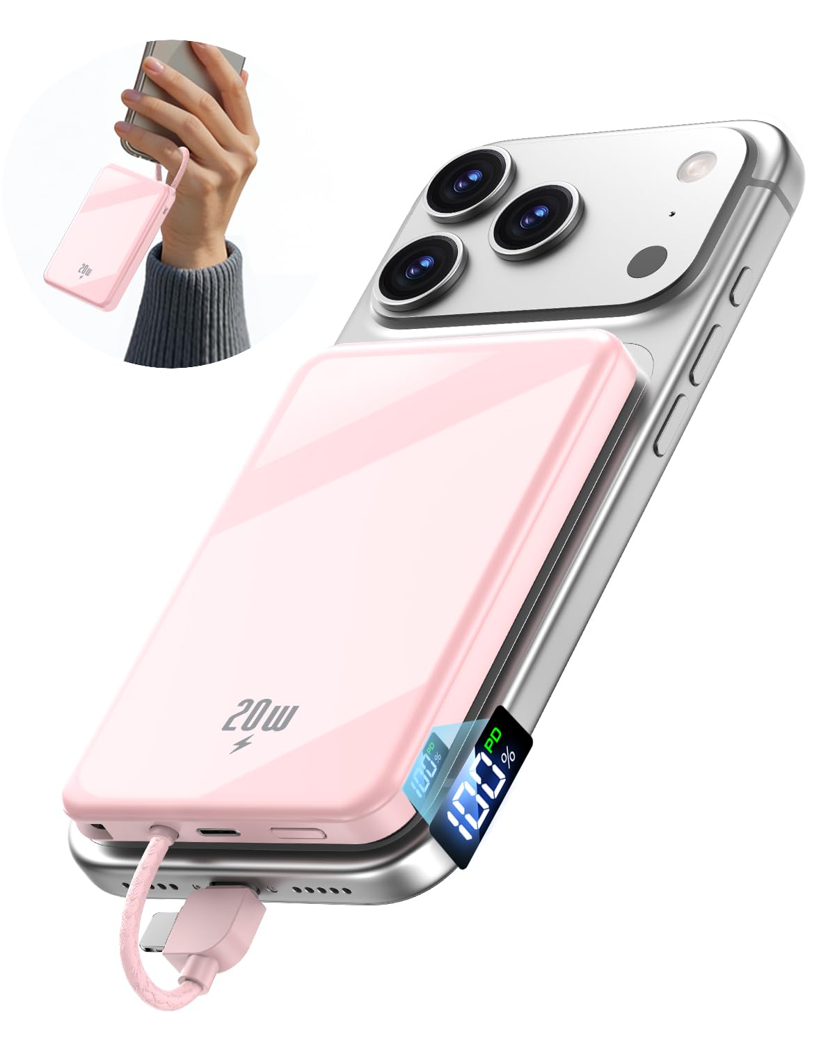 golioklsy Caricabatterie portatile Power Bank, 10000 mAh, caricabatterie per telefono con cavo integrato, ricarica rapida PD da 20 W, batteria sottile con display LED, essenziale da viaggio per iPhone