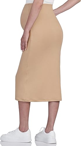 Miniatura 4 de POSHDIVAH Falda de maternidad para mujer, sobre el vientre, de cintura alta, color liso, elástica, falda tubo para embarazo